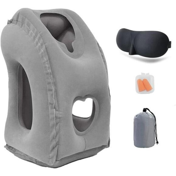 Inflatable Travel Neck Pillow Airplane Sleep Support with Eye Mask Earplugs - Picture 1 of 8